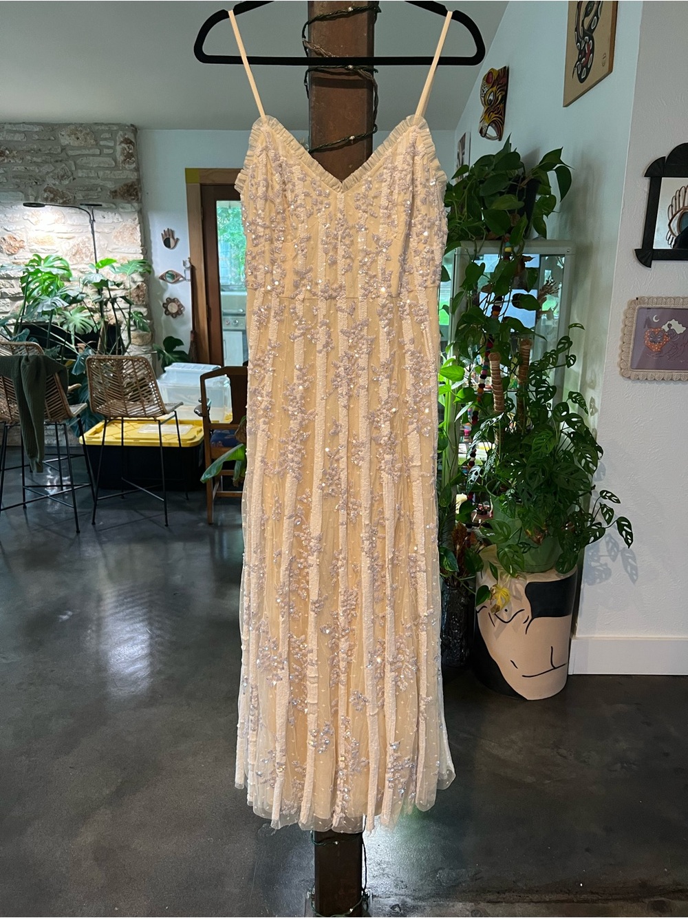 Needle & Thread cream beaded dress with lace trim